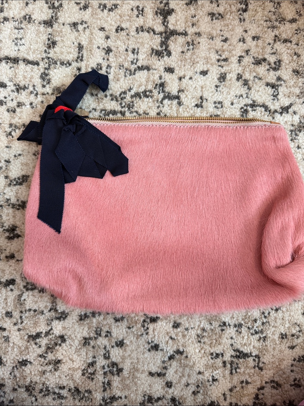 Clare V Soft Pink Faux-Hair Zip Pouch with Navy Ribbon Accent